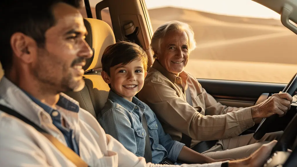 Multi-generational family enjoying safe dune bashing in Dubai desert with professional guide and safety equipment