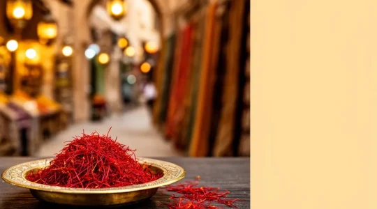 Deep red saffron threads displayed on a brass tray in a traditional Dubai spice souk under warm golden light