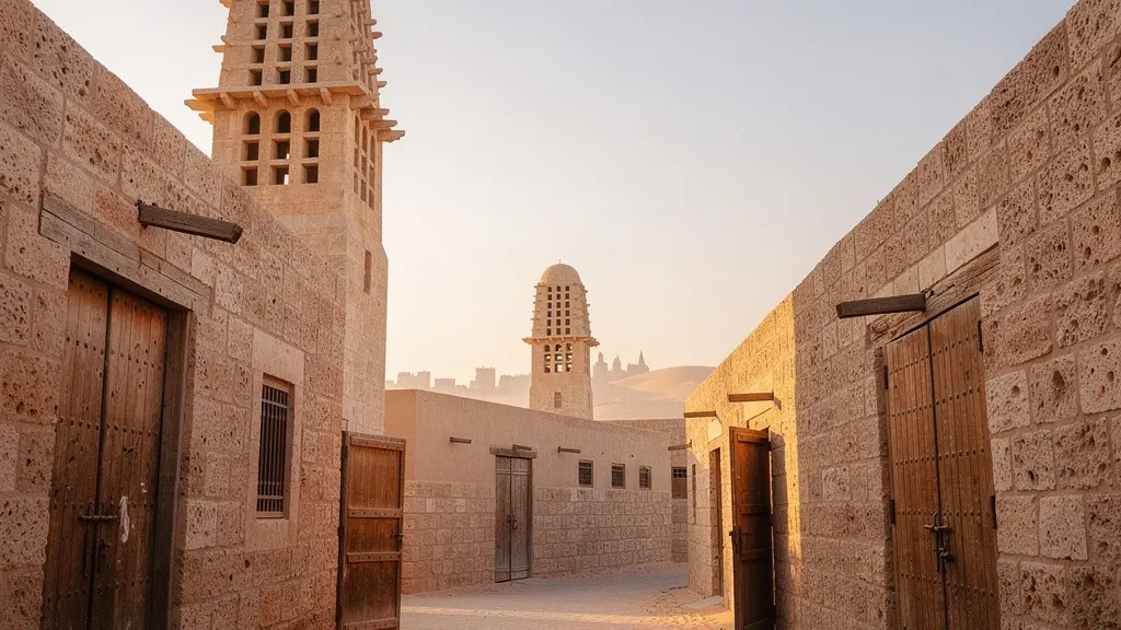 Traditional coral stone buildings with wind towers in Sharjah Heritage Area showcasing authentic Middle Eastern architecture