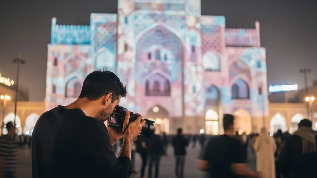 Handheld photographer framing colorful projection mapping on a Sharjah landmark at night with clean negative space in the sky.