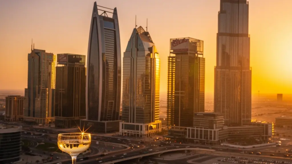 A panoramic golden hour view of Sheikh Zayed Road skyscrapers seen from a rooftop terrace, with warm sunlight casting long shadows across the modern glass facades.