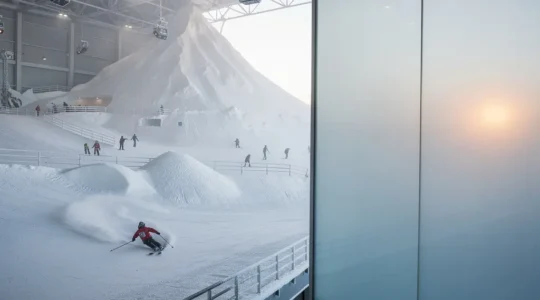 Split view of two indoor snow park environments showing contrasting winter wonderland settings inside massive architectural structures in the UAE desert