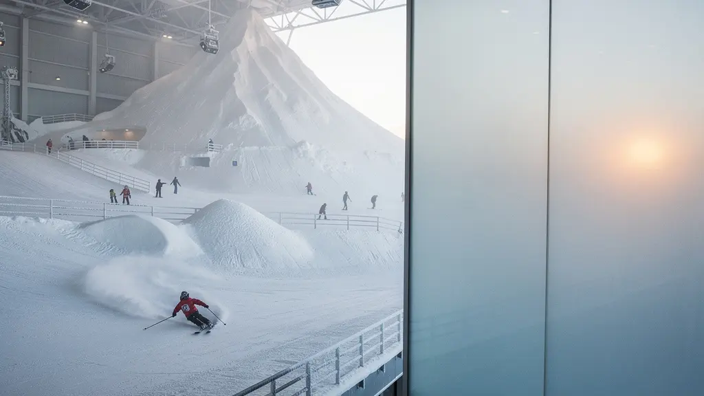Split view of two indoor snow park environments showing contrasting winter wonderland settings inside massive architectural structures in the UAE desert