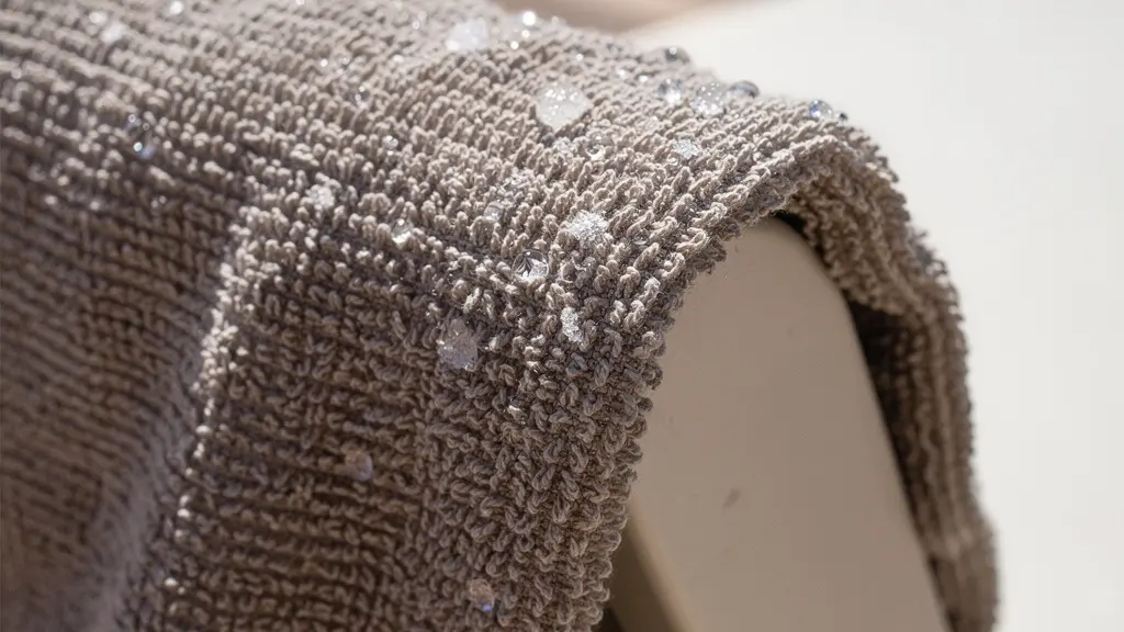 Macro close-up of a damp towel on a pool lounger, showing water droplets and harsh reflected light.