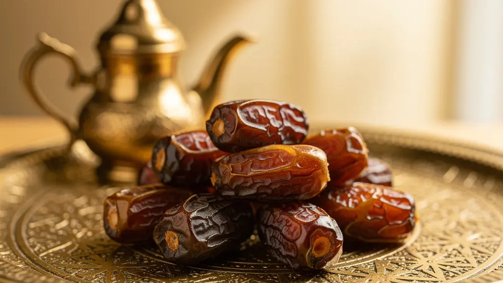 Elegant arrangement of golden dates and Arabic coffee service on ornate tray