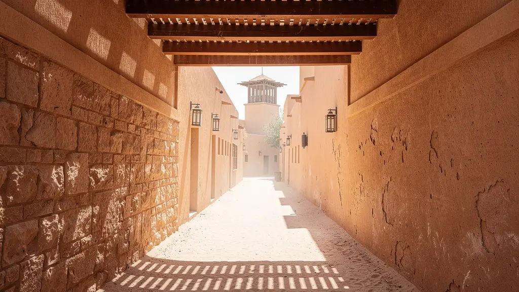 Narrow traditional alleyway in Old Dubai with characteristic architecture