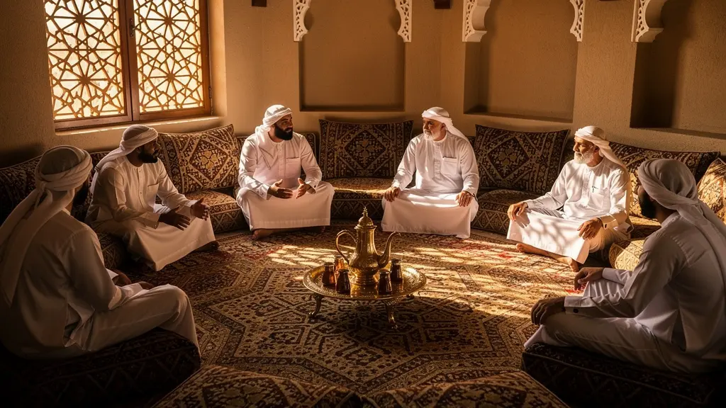 Men engaged in relaxed conversation in a traditional majlis setting