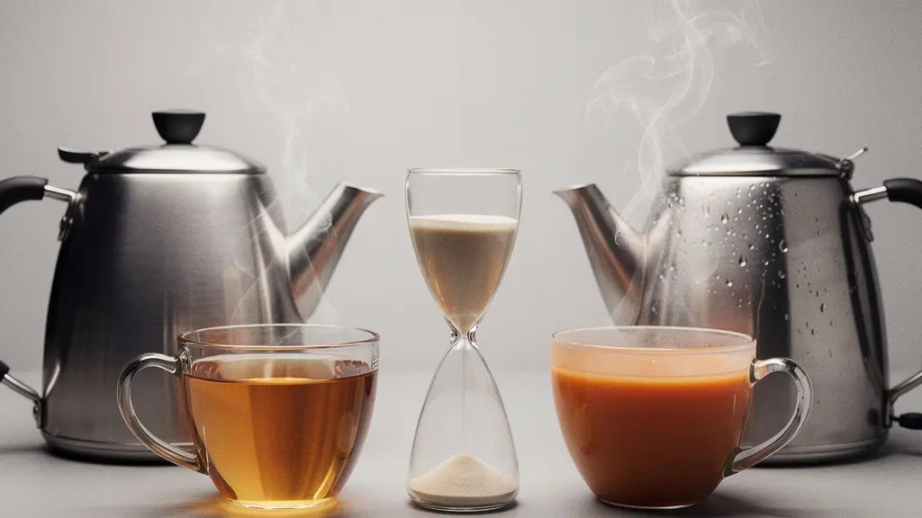 A symbolic still life showing two kettles: one gently steeping amber tea and one vigorously boiling a deeper caramel milk tea, suggesting different extraction styles.