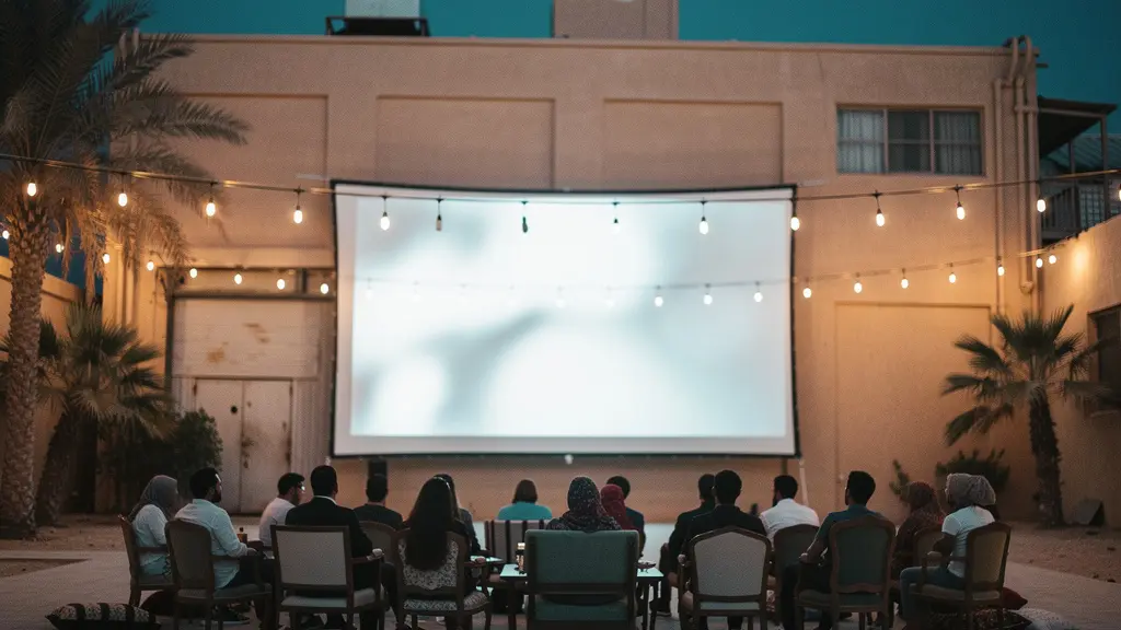 Outdoor film screening at a contemporary arts district in the UAE at twilight, with warm string lights and an audience seated on cushions facing a large projection screen against an industrial warehouse backdrop.