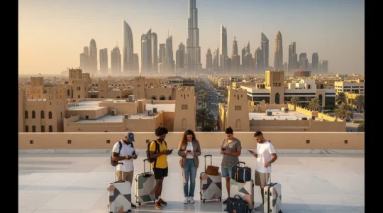 Strategic view of Dubai skyline with modern architecture and traditional Islamic elements against golden hour light, showing calendar overlay and diverse travelers