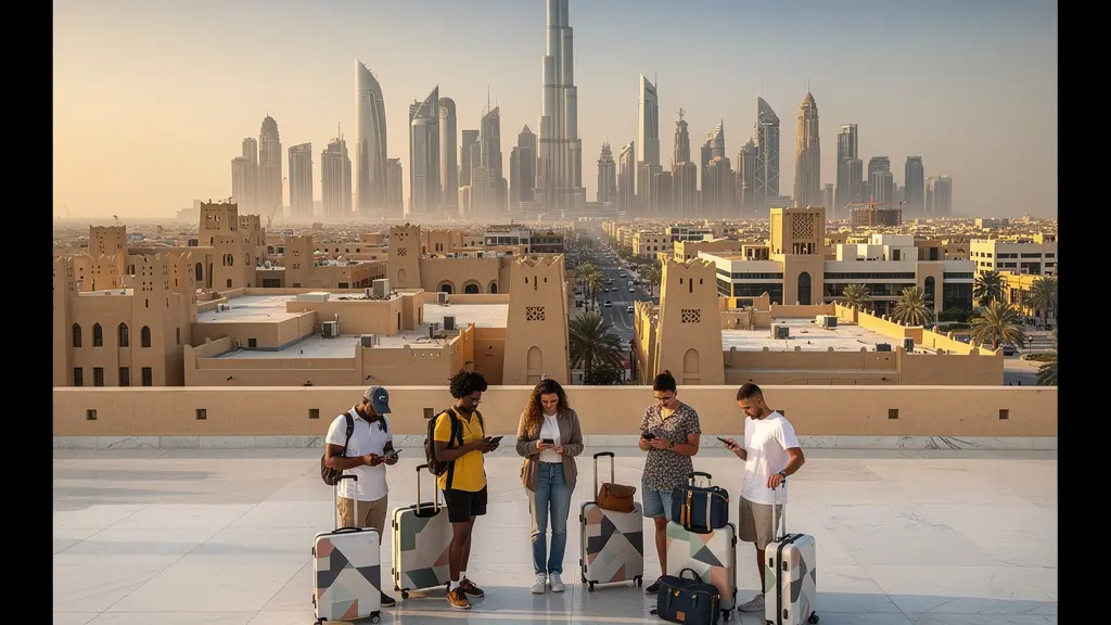 Strategic view of Dubai skyline with modern architecture and traditional Islamic elements against golden hour light, showing calendar overlay and diverse travelers