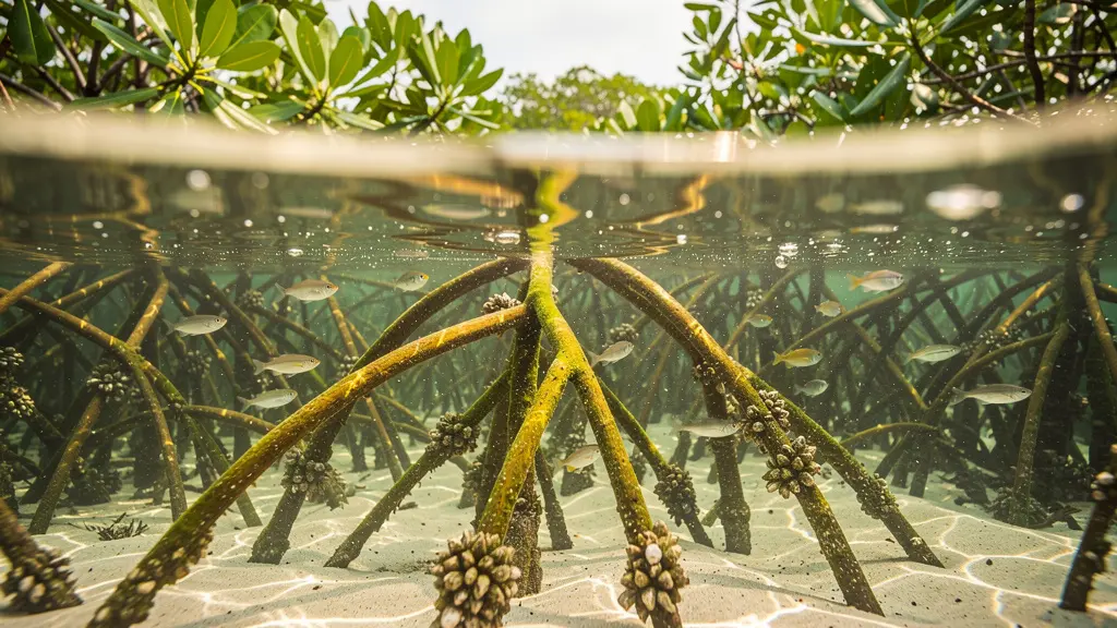 Intricate mangrove root system underwater showing natural coastal erosion protection