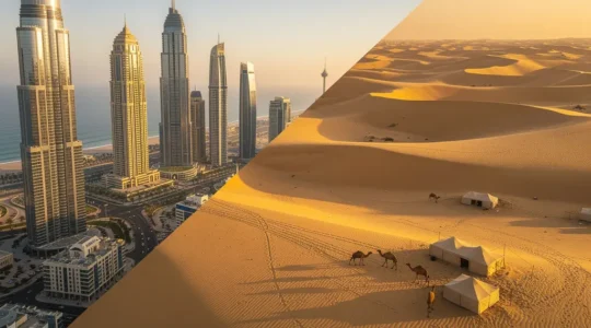 Aerial view showing Dubai's skyline transitioning into traditional desert landscape with camels