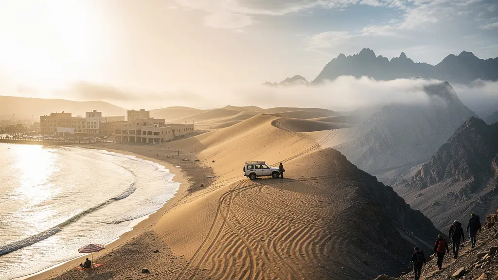Panoramic landscape showing temperature gradients across UAE coast, desert, and Oman mountains with seasonal visual indicators