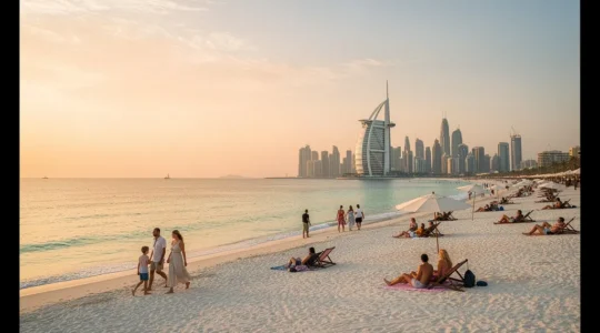 Swimmers enjoying crystal clear waters at a public beach in Dubai with Burj Al Arab in the background during golden hour