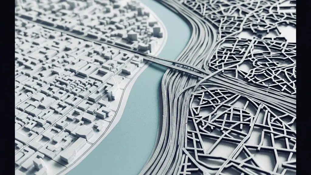 Top-down conceptual map showing an organized city grid on one side and a chaotic, tangled highway on the other, symbolizing driving ease versus stress.