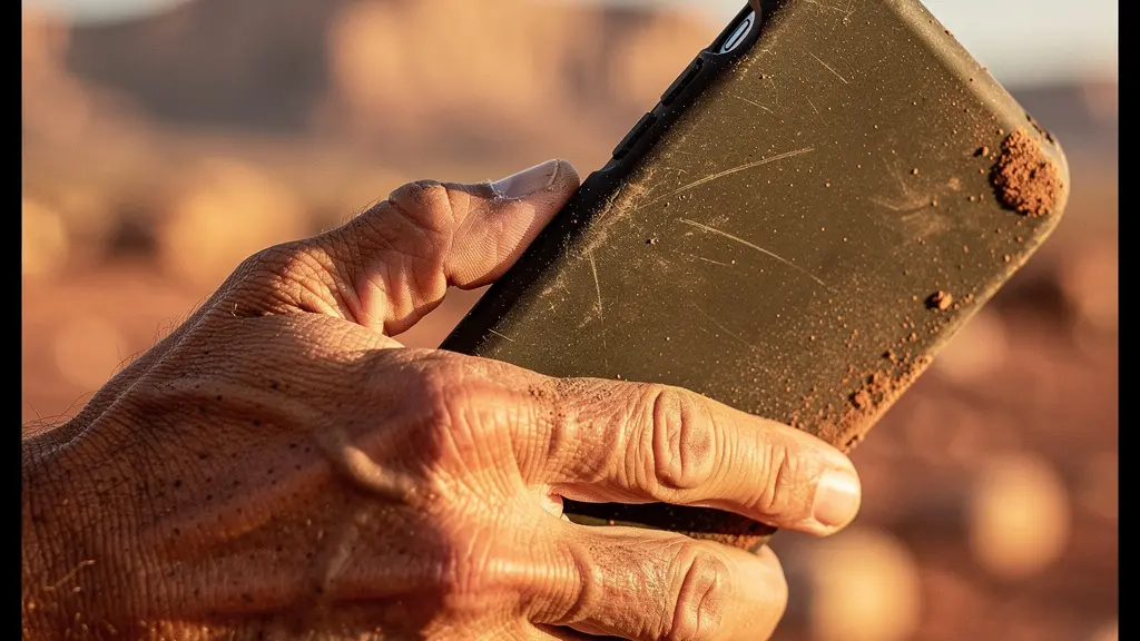Hiker's hand holding phone showing trail navigation in desert landscape