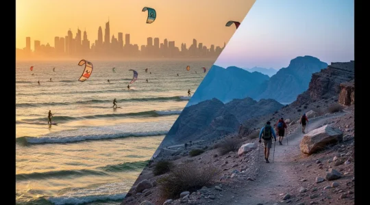 Split scene showing winter kitesurfers at sunset and summer hikers at dawn in UAE desert mountains