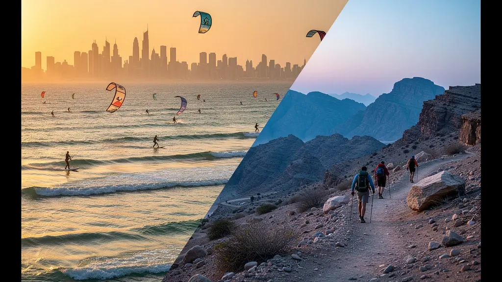 Split scene showing winter kitesurfers at sunset and summer hikers at dawn in UAE desert mountains