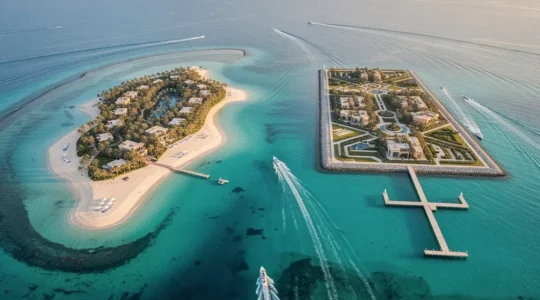 Aerial view of private island resorts with turquoise waters and luxury villas