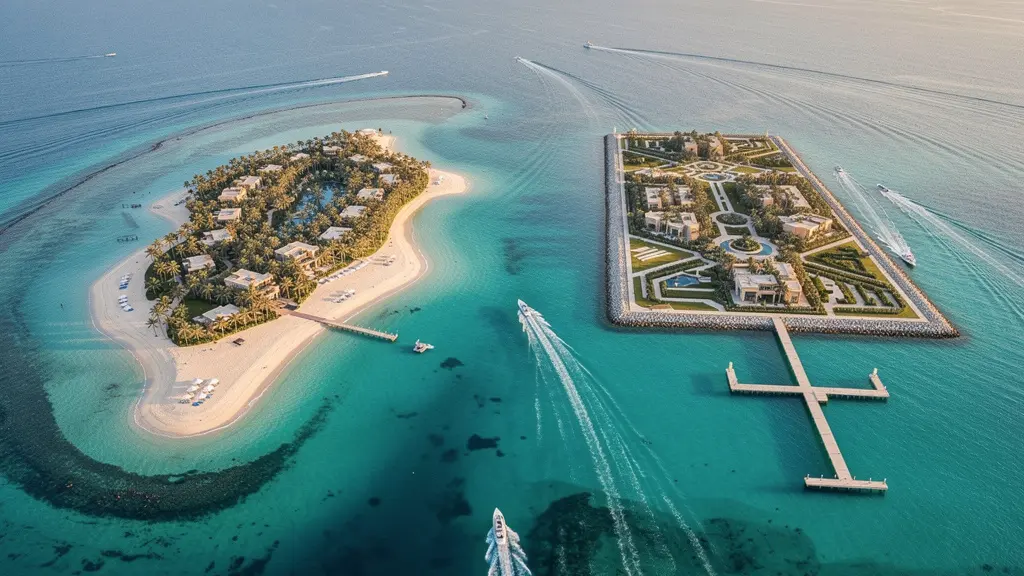 Aerial view of private island resorts with turquoise waters and luxury villas