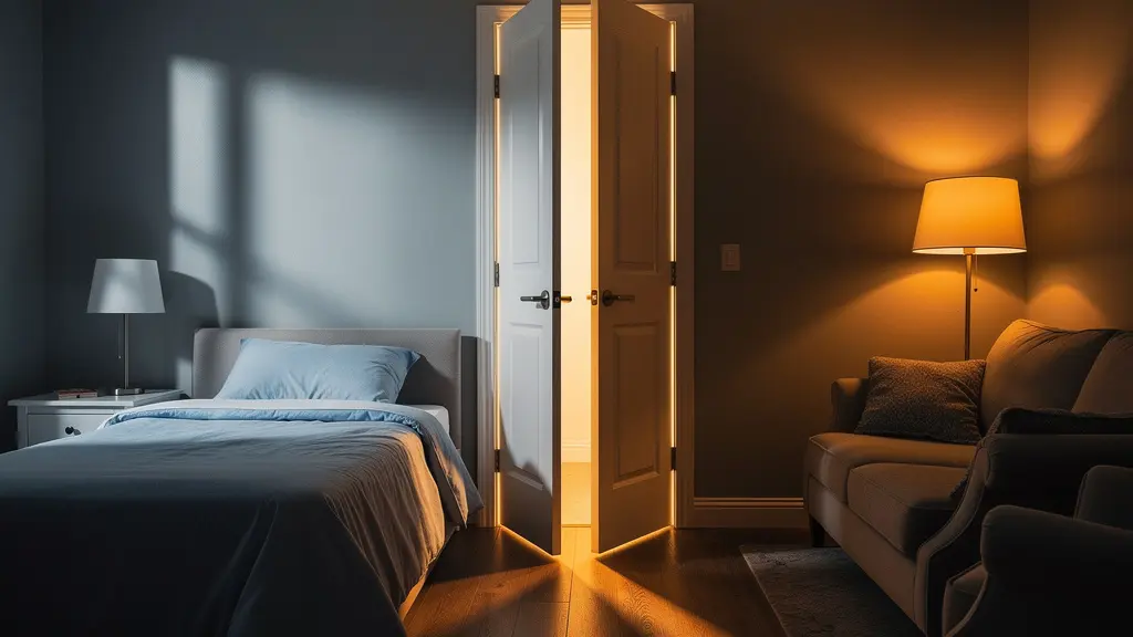 Conceptual image showing two distinct, calm spaces separated by a door versus a single chaotic shared space, representing peace versus friction. Conceptual image showing two distinct, calm spaces separated by a door versus a single chaotic shared space, representing peace versus friction.